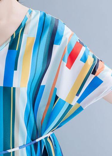 Natural blue striped chiffon dress long plus size Online Shopping v neck patchwork Summer Dress - SooLinen