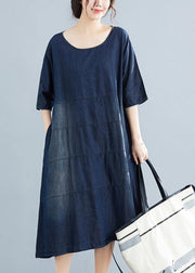 Natural denim blue Cotton outfit 18th Century Catwalk o neck Midi Summer Dresses - SooLinen