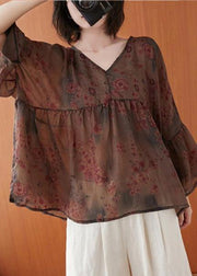 Natural floral clothes For Women v neck asymmetric summer blouses - SooLinen