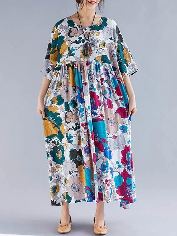 Natural floral cotton clothes Women o neck Cinched Maxi Dress - SooLinen