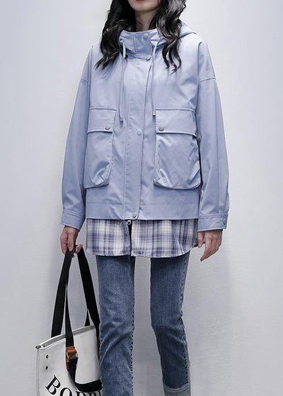 Natural gray blue patchwork plaid Fine trench coat Shirts hooded pockets outwears - SooLinen