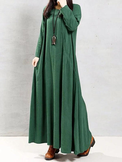 Natural green linen clothes o neck patchwork Robe spring Dress - SooLinen