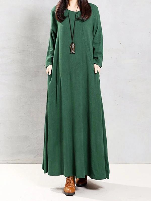 Natural green linen clothes o neck patchwork Robe spring Dress - SooLinen