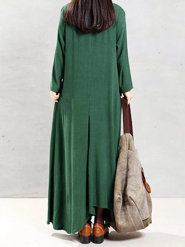 Natural green linen clothes o neck patchwork Robe spring Dress - SooLinen