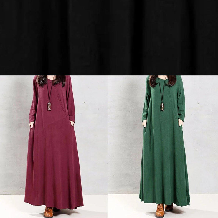 Natural green linen clothes o neck patchwork Robe spring Dress - SooLinen