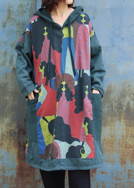 Natural green prints cotton tunics for women patchwork long hooded Dress - SooLinen