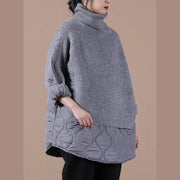 Natural high neck patchwork spring crane tops pattern gray tops - SooLinen