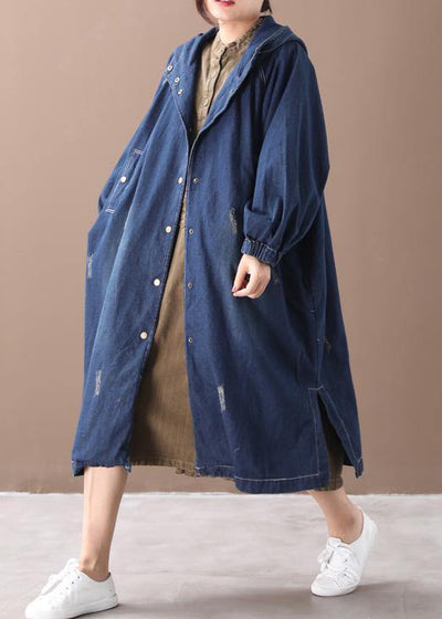 Natural hooded Hole Plus Size outfit denim blue silhouette coats - SooLinen