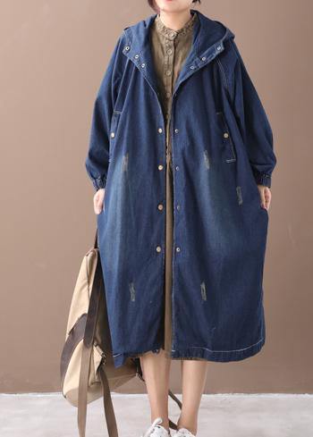 Natural hooded Hole Plus Size outfit denim blue silhouette coats - SooLinen