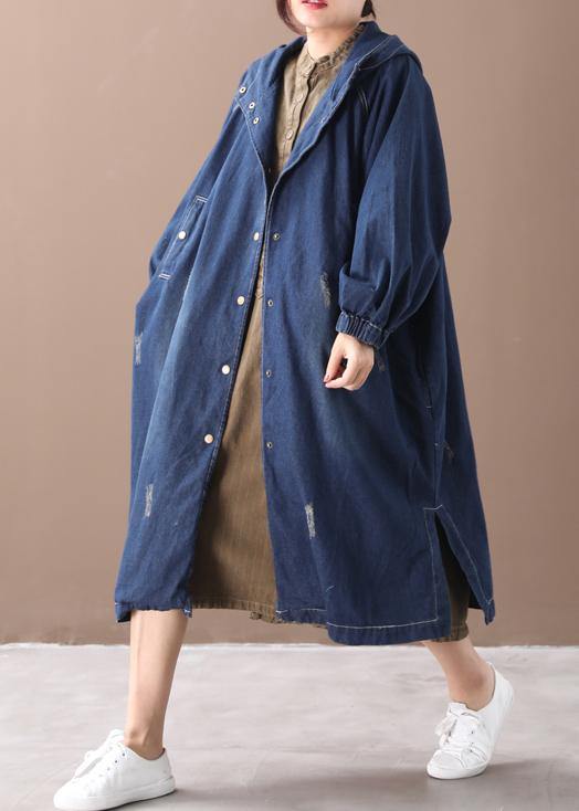 Natural hooded Hole Plus Size outfit denim blue silhouette coats - SooLinen