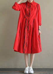 Natural lapel Button Down Cotton tunic Work Outfits red striped Dresses summer - SooLinen