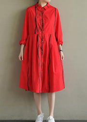 Natural lapel Button Down Cotton tunic Work Outfits red striped Dresses summer - SooLinen