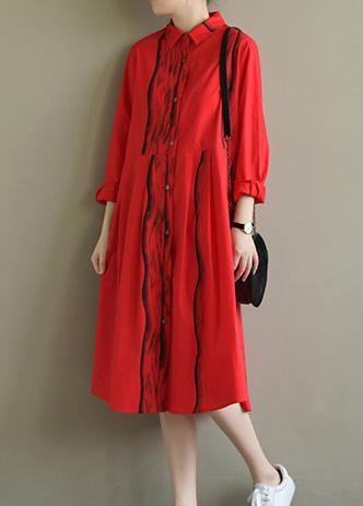 Natural lapel Button Down Cotton tunic Work Outfits red striped Dresses summer - SooLinen