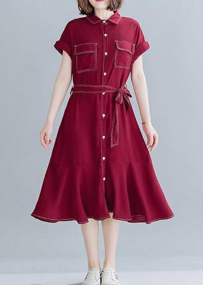 Natural lapel Ruffles linen clothes For Women Work red Dresses - SooLinen