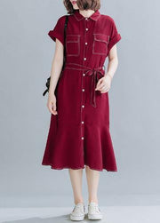 Natural lapel Ruffles linen clothes For Women Work red Dresses - SooLinen