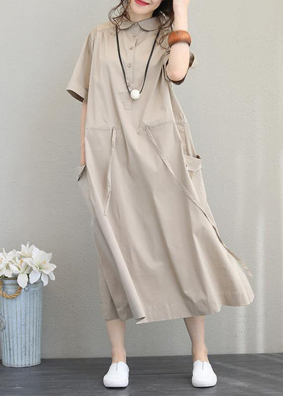 Natural lapel drawstring cotton clothes linen khaki Maxi Dress - SooLinen