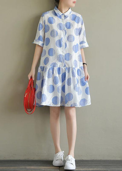 Natural lapel half sleeve Cotton quilting dresses Inspiration blue dotted Dress summer - SooLinen