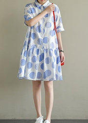 Natural lapel half sleeve Cotton quilting dresses Inspiration blue dotted Dress summer - SooLinen