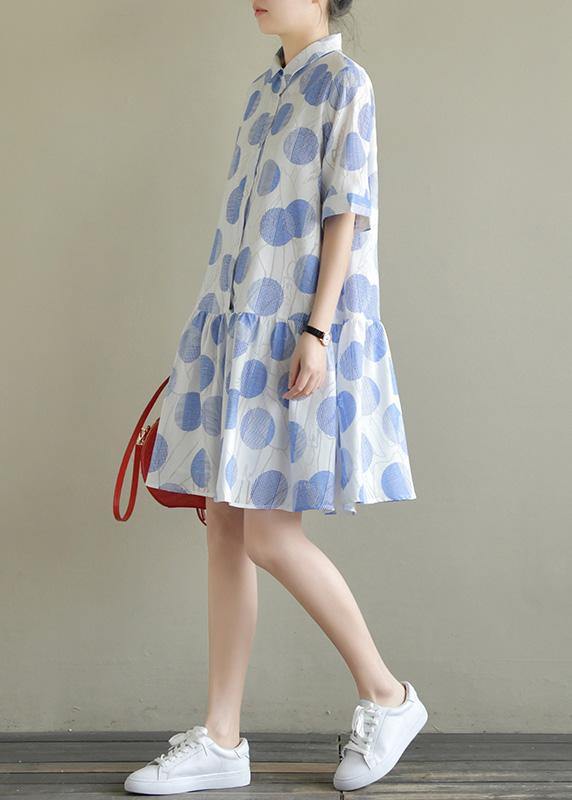 Natural lapel half sleeve Cotton quilting dresses Inspiration blue dotted Dress summer - SooLinen