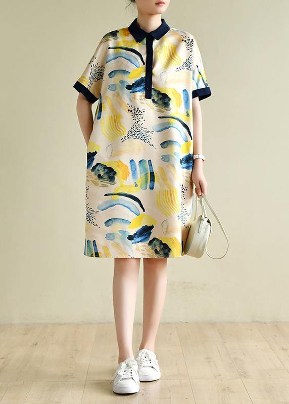 Natural lapel short sleeve Tunics design yellow print Dresses - SooLinen