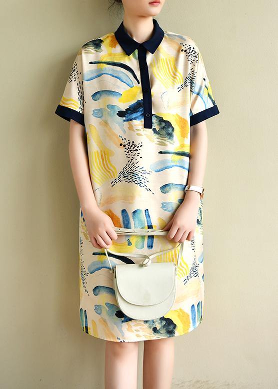 Natural lapel short sleeve Tunics design yellow print Dresses - SooLinen