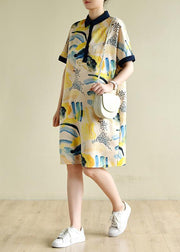 Natural lapel short sleeve Tunics design yellow print Dresses - SooLinen