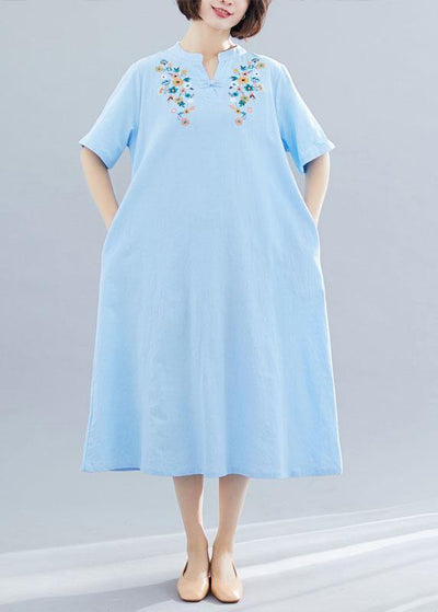 Natural light blue linen cotton clothes embroidery Plus Size Clothing summer Dresses - SooLinen