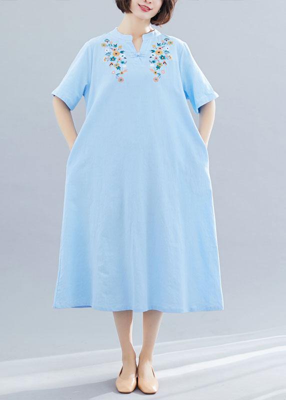 Natural light blue linen cotton clothes embroidery Plus Size Clothing summer Dresses - SooLinen