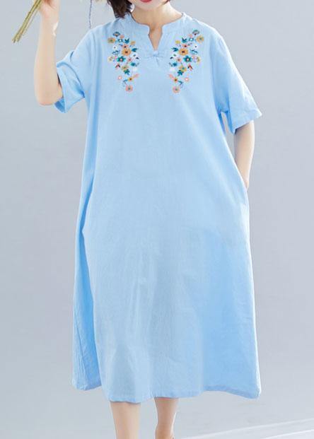 Natural light blue linen cotton clothes embroidery Plus Size Clothing summer Dresses - SooLinen