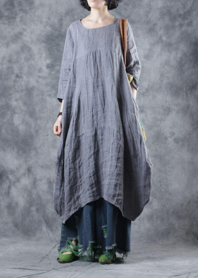 Natural linen clothes For Women Work gray Dress o neck - SooLinen