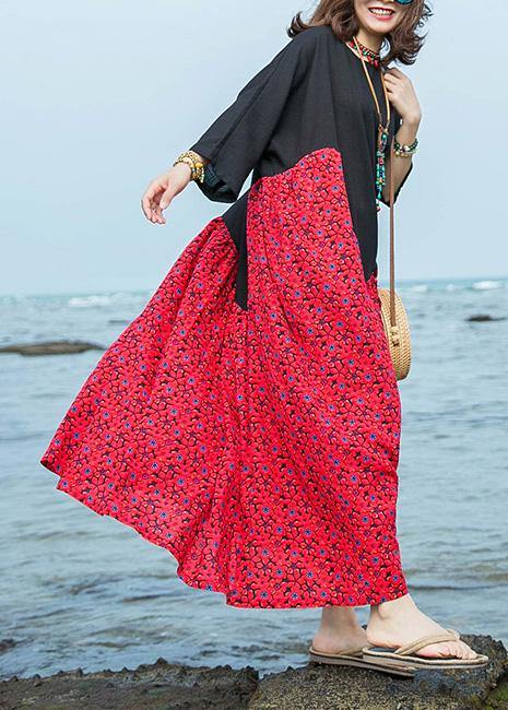 Natural o neck large hem cotton linen dresses black patchwork red print Dresses summer - SooLinen