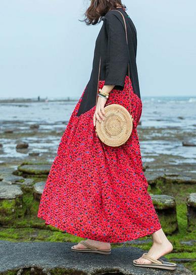 Natural o neck large hem cotton linen dresses black patchwork red print Dresses summer - SooLinen