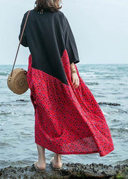 Natural o neck large hem cotton linen dresses black patchwork red print Dresses summer - SooLinen