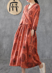 Natural o neck patchwork cotton Tunics orange embroidery long Dress - SooLinen