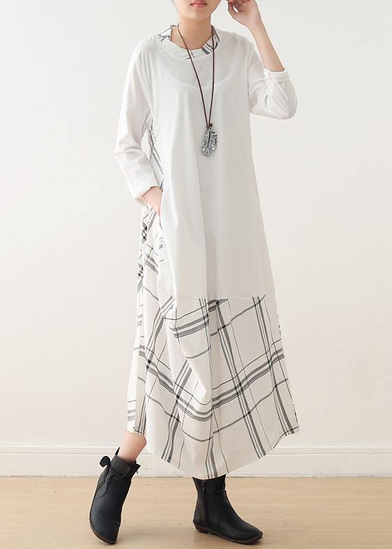 Natural o neck patchwork cotton outfit pattern white long Dress - SooLinen