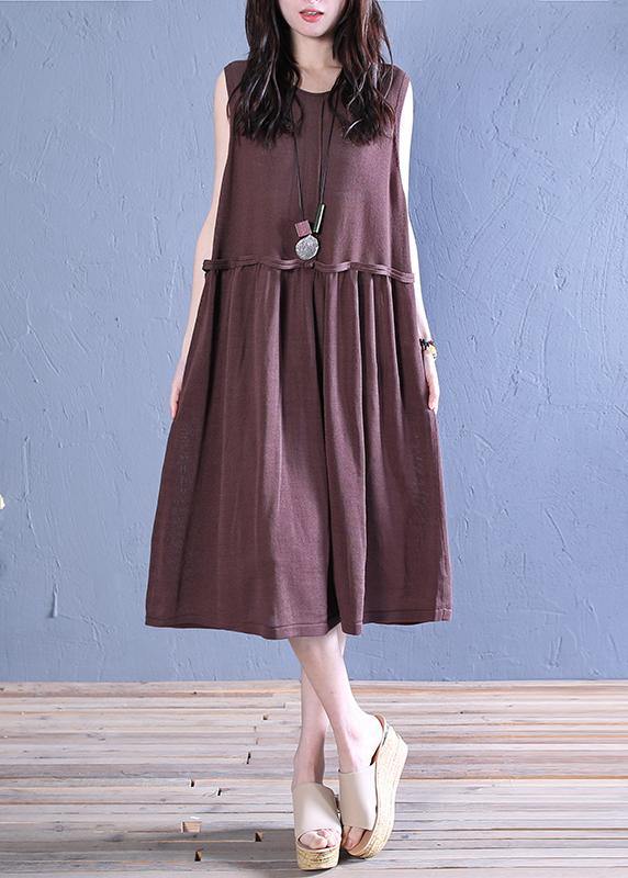 Natural o neck patchwork linen summer dresses Christmas Gifts chocolate Dress - SooLinen