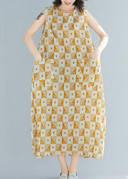 Natural o neck sleeveless cotton summer clothes Women yellow Geometric Kaftan Dresses - SooLinen