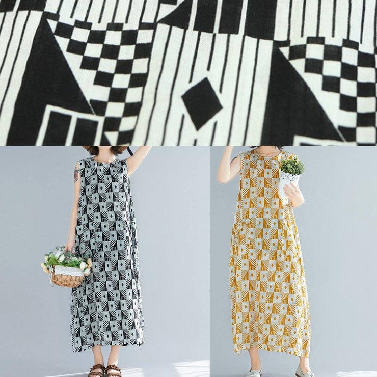 Natural o neck sleeveless cotton summer clothes Women yellow Geometric Kaftan Dresses - SooLinen