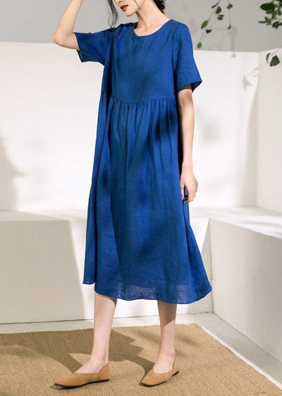 Natural o neck Cinched linen summer dresses Fabrics blue Dress - SooLinen