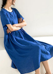 Natural o neck Cinched linen summer dresses Fabrics blue Dress - SooLinen