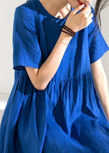 Natural o neck Cinched linen summer dresses Fabrics blue Dress - SooLinen