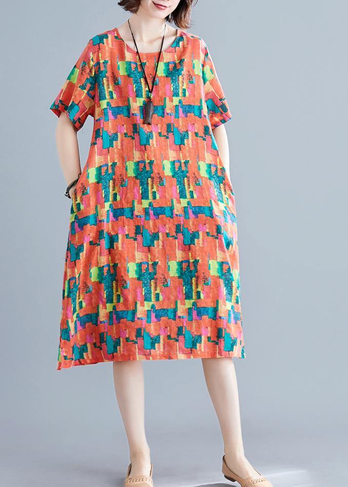 Natural orange print Cotton Wardrobes o neck pockets shift summer Dress - SooLinen