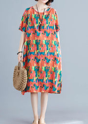 Natural orange print Cotton Wardrobes o neck pockets shift summer Dress - SooLinen