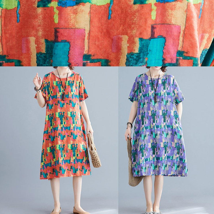 Natural orange print Cotton Wardrobes o neck pockets shift summer Dress - SooLinen