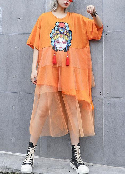 Natural orange prints cotton clothes For Women patchwork tulle loose summer Dresses - SooLinen