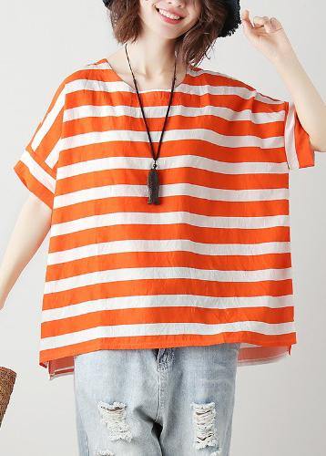 Natural orange striped cotton blouses for women o neck Batwing Sleeve Art top - SooLinen