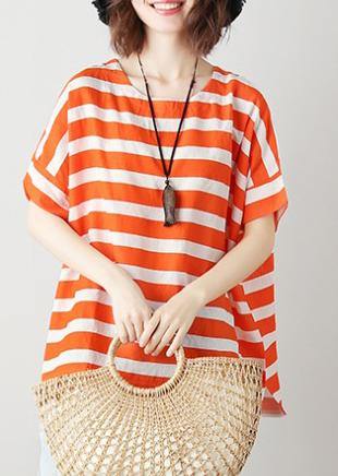 Natural orange striped cotton blouses for women o neck Batwing Sleeve Art top - SooLinen