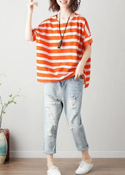 Natural orange striped cotton blouses for women o neck Batwing Sleeve Art top - SooLinen