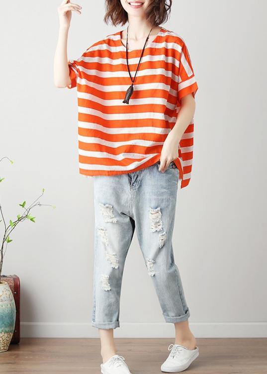 Natural orange striped cotton blouses for women o neck Batwing Sleeve Art top - SooLinen