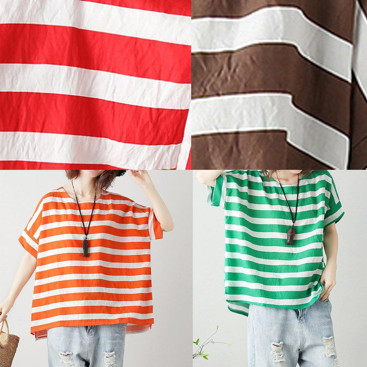 Natural orange striped cotton blouses for women o neck Batwing Sleeve Art top - SooLinen